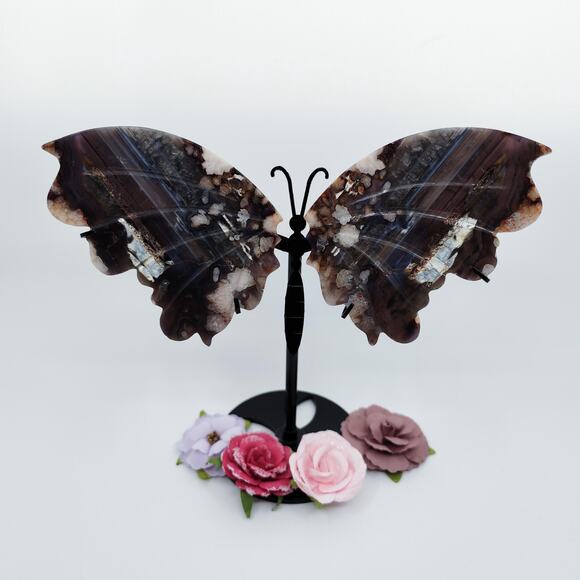 Blue Flower Agate Banded Butterfly Wings on a Stand